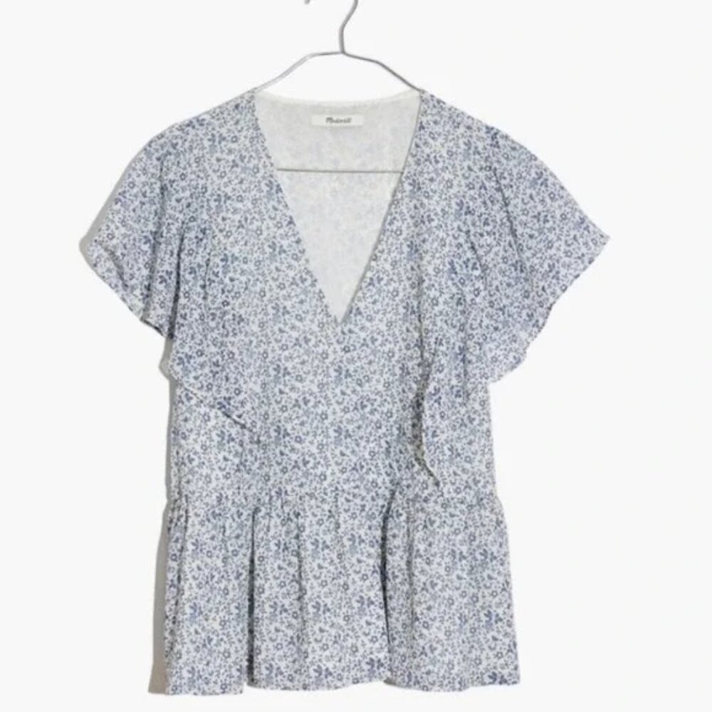 NWOT Madewell Georgette Ruffle Sleeve Peplum Top Floral Blue White Size XXS